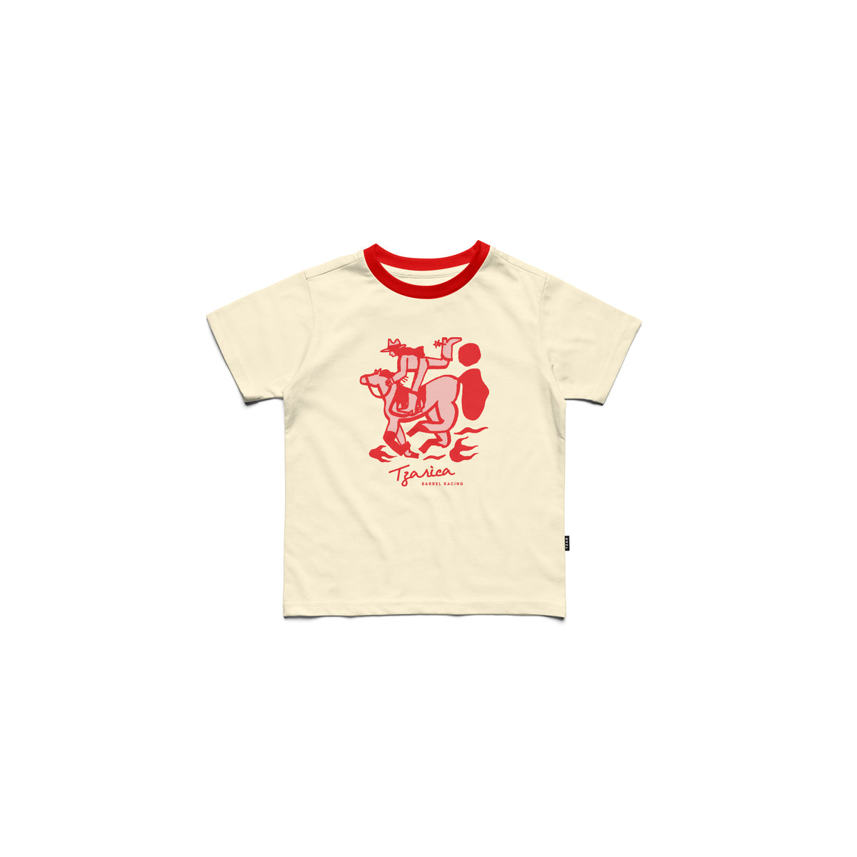 A cream-colored short-sleeve ringer t-shirt with a red crew neck collar, featuring a red graphic print of a stylized figure and the text 'Tzarica' on the front, displayed flat against a white background.