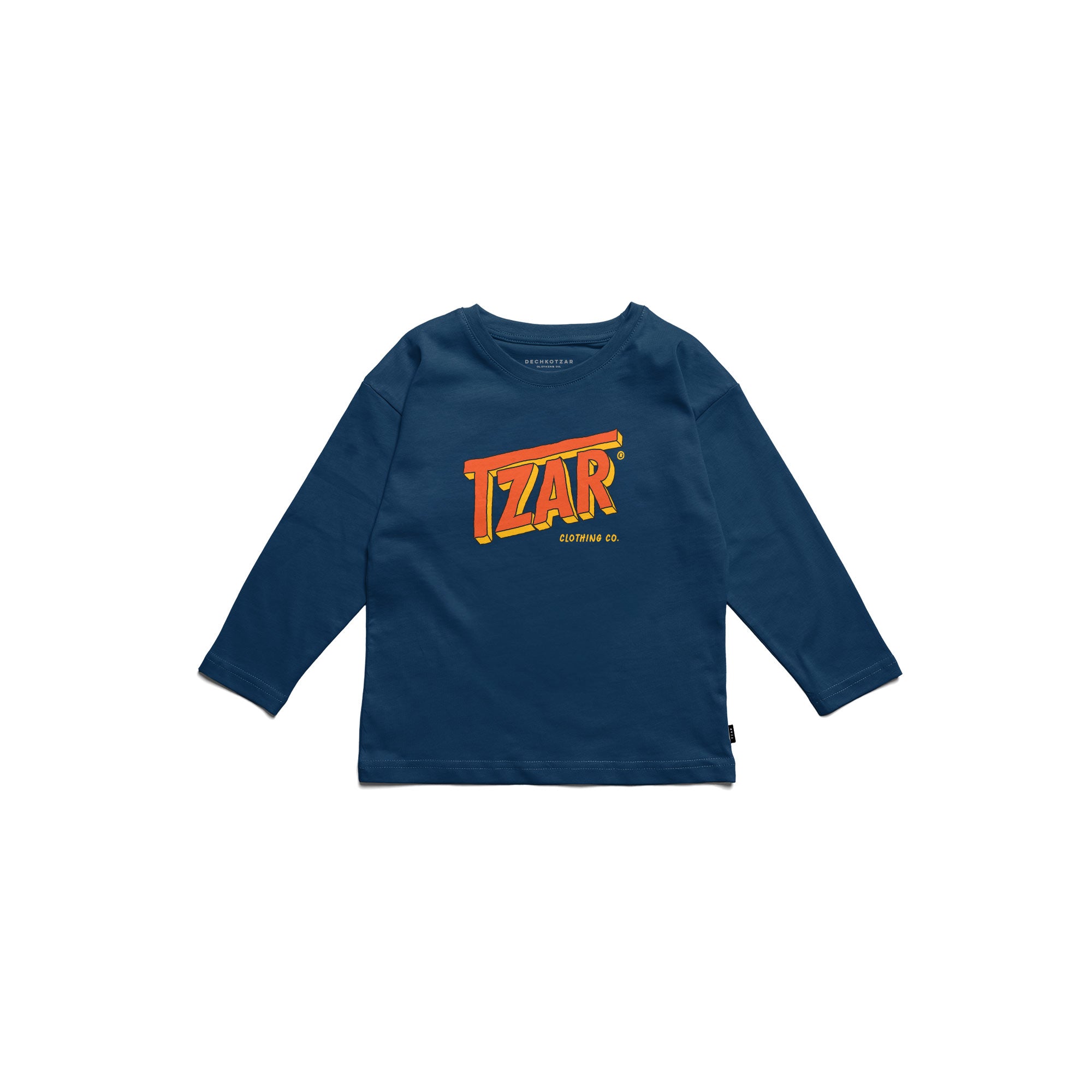 A navy blue long-sleeve t-shirt with a colorful 'TZAR' graphic on the chest, displayed flat against a solid white background.