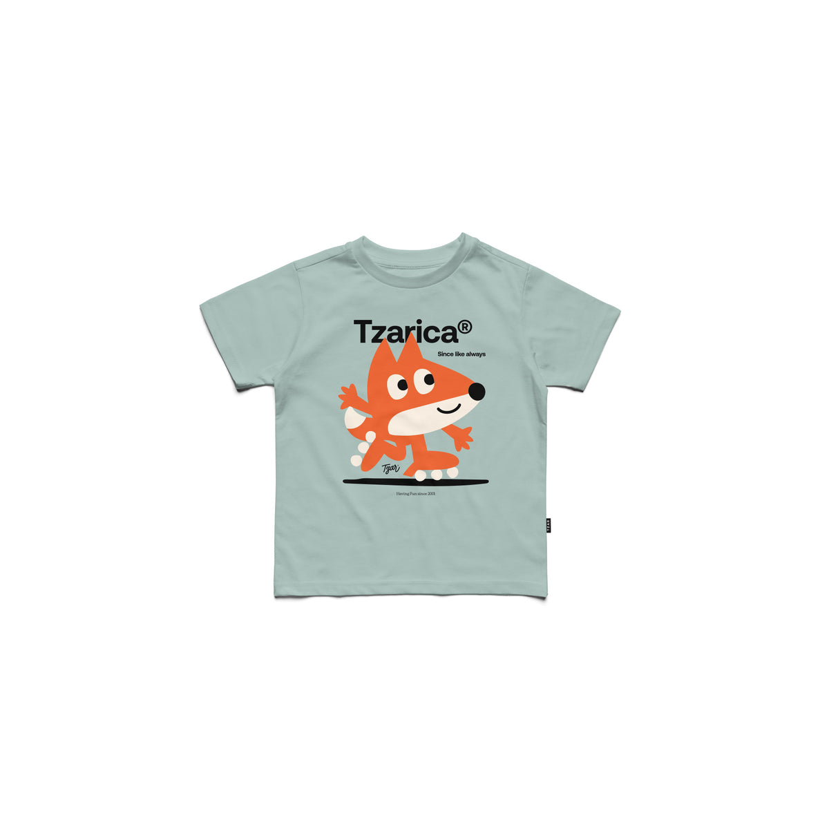 A light sage green short-sleeve t-shirt for kids, featuring a cartoon orange fox graphic on the front with the text 'Tzarica' and 'Since like always'.