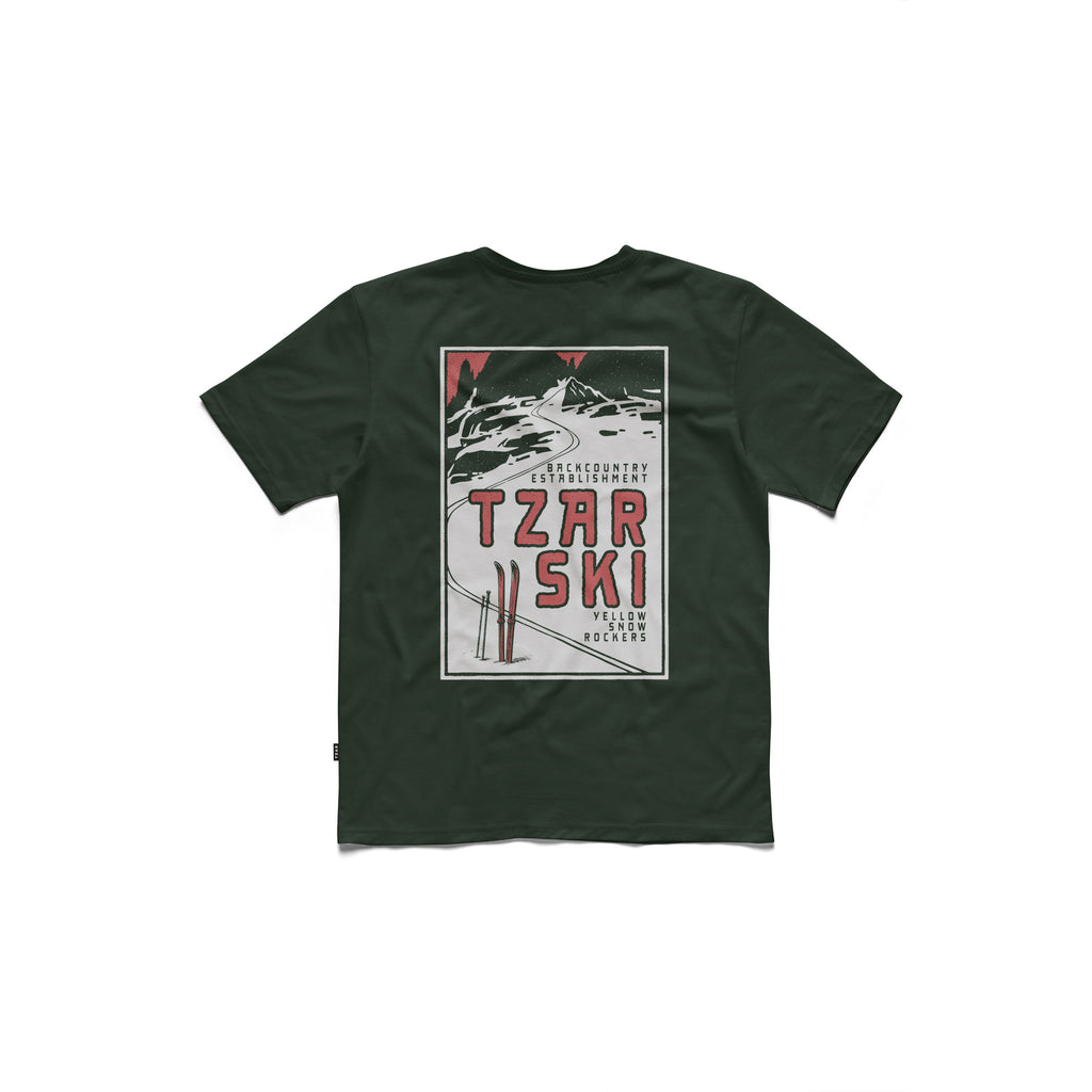 A dark forest green short-sleeve t-shirt with a vintage-style graphic print on the front. The graphic features a white border and the words 'Tzar Ski' in red, alongside black and white illustrations of a mountain scene and skis.