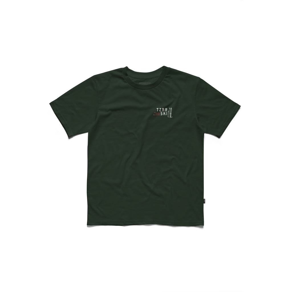 A dark forest green short-sleeve t-shirt with a small white and red graphic on the left chest, displayed flat against a solid white background.